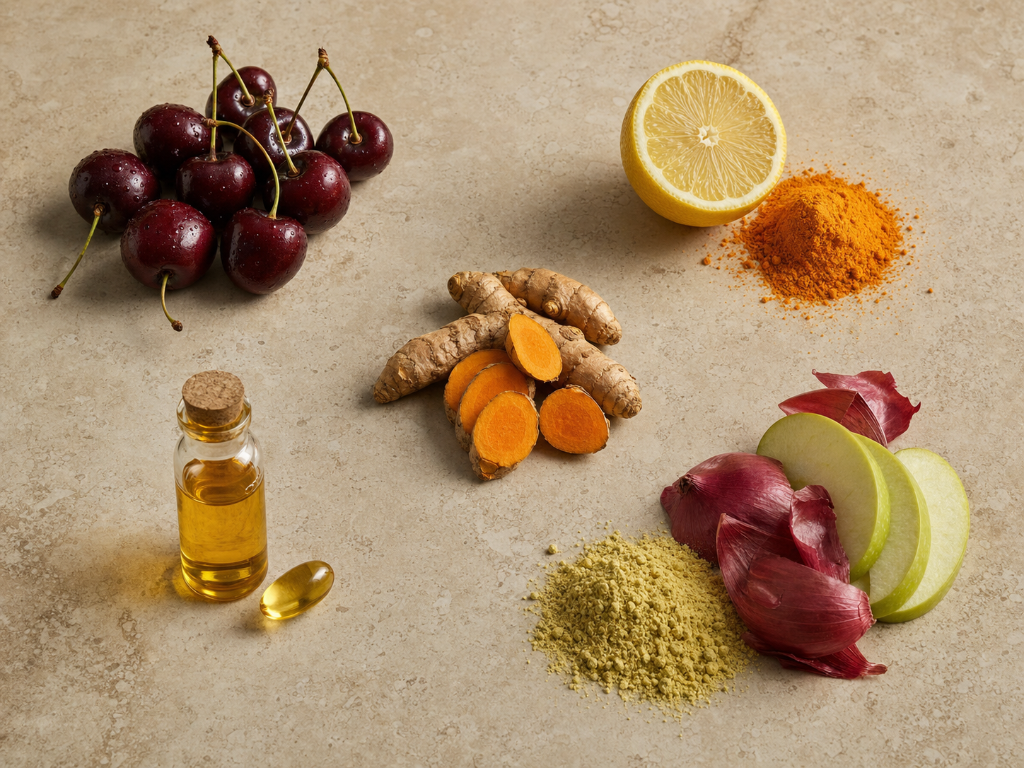 The five core ingredients in Purinol: tart cherry, vitamin C with lemon, turmeric root, omega-3 fish oil, and quercetin with apple and onion.
